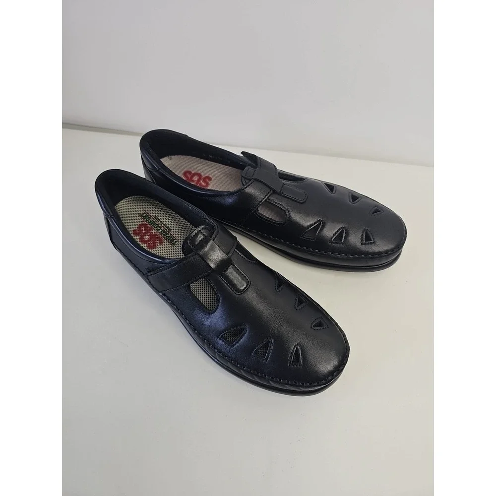 Womens SAS USA Roamer Black Leather Comfort Shoes Loafer Wedge T-Strap Wedge 8.5